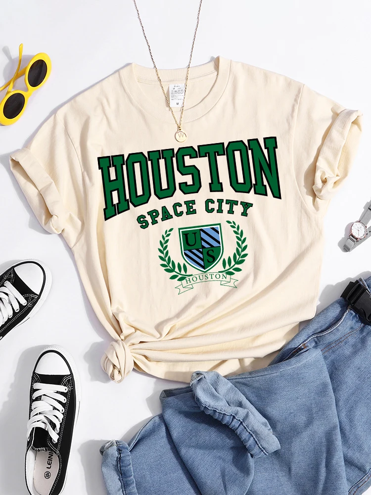 Bouston Space City Print Woman Tshirts Vintage Loose T-Shirts Niche Vintage Individual Top Tee Tshirt Short Sleeve Casual Tshirt