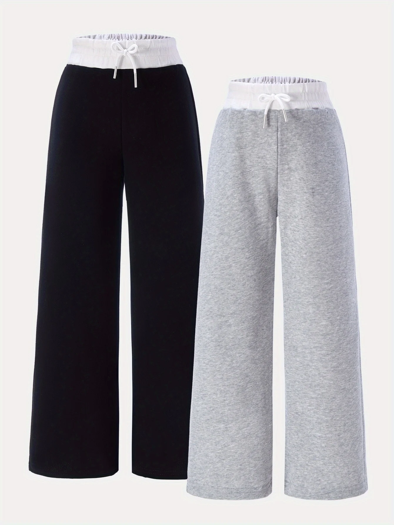 

【Комплект из 2 предметов】Повседневный комплект спортивных брюк для девочек, черный и серый эластичный пояс с узлом-бабочкой, удобная ткань на все сезоны