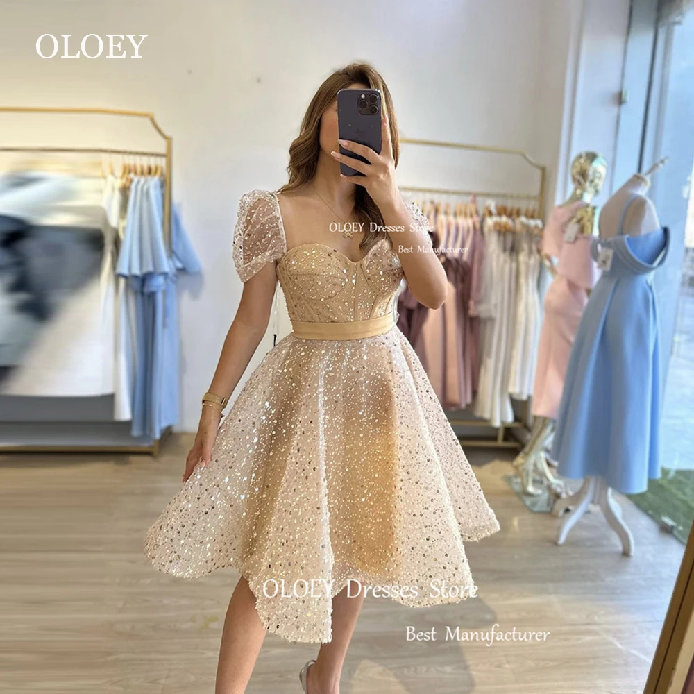 

OLOEY Glitter Champagne Short Prom Dresses Knee Length Short Sleeves Sweetheart Sparkly Evening Party Formal Gowns 2023