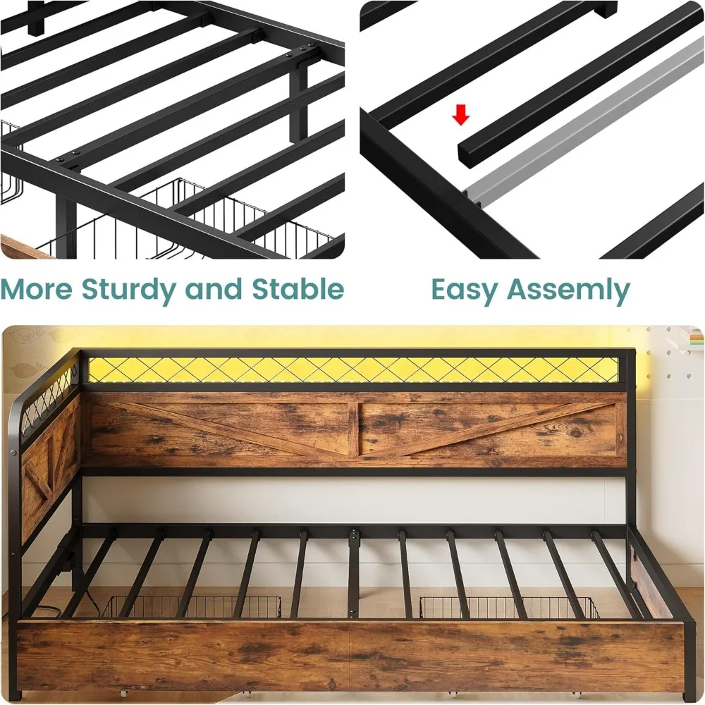 Twin Daybed with Storage Drawers, Corner Bed Frame with LED Lights and Charging Station for Living Room, Bedroom and Guest