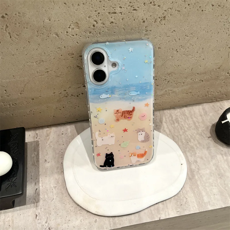 شاطئ أسود القط هريرة محارة الترتر بريق جراب هاتف آيفون 16 15 14 13 برو ماكس حافظة لطيف فاخر الكرتون غطاء مقاوم للصدمات