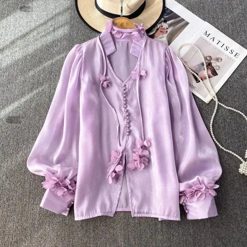 BabYoung Sweet Pink Loose Chiffon Blusas Mujer Autumn New V-Neck Lace Up Shirts Women Y2k E-Girl Lantern Sleeve Blouses