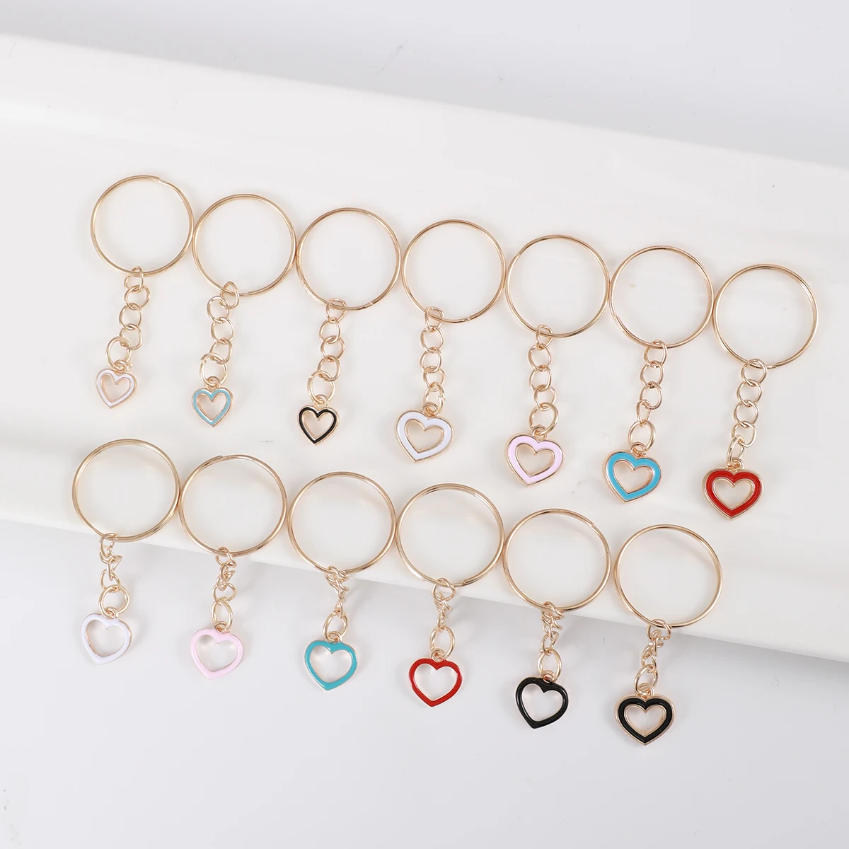 13pcs Fashion Leisure Love Heart Keychain Cute Alloy Drips Oil Key Chain Ring Purse Bag Backpack Charm Party Favors Accessories