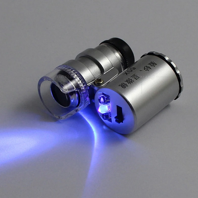 مكبر مجوهرات محمول مع ضوء LED ، عدسة مكبرة صغيرة للجيب ، مكبرة للمجوهرات فوق البنفسجية ، مجهر صغير مضيء ، 60X