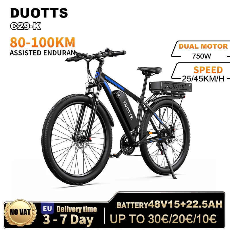 Vélo électrique DUOTTS C29-K, moteur 750W, batterie double 48V37.5AH, freinage hydraulique, vélo électrique 29 pouces, pour route et ville.