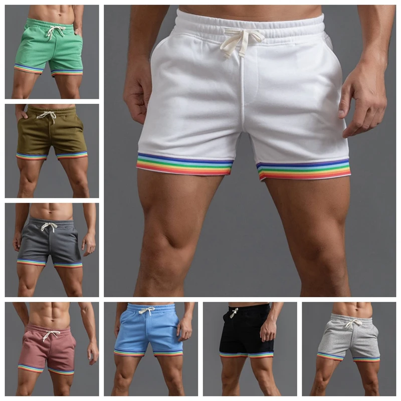 Men's shorts Solid Rainbow Printing Shorts Double Pocket Waist Loose Basketball Pants Casual Shorts Gym Running Training Shorts