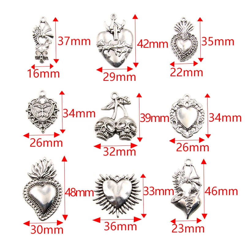 6PCS 26 Styles Mixed Alloy Antique Hollow Heart Skull Love Wing Charms For Jewelry Making DIY Handmade Animal Halloween Pendant