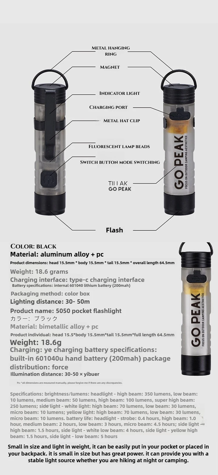 GOPEAK 5050 LED Kleine Schlüsselclip-Taschenlampe mit 7 Farben für Outdoor-Notfälle und Katastrophenhilfe, Lange Akkulaufzeit – Detail 8