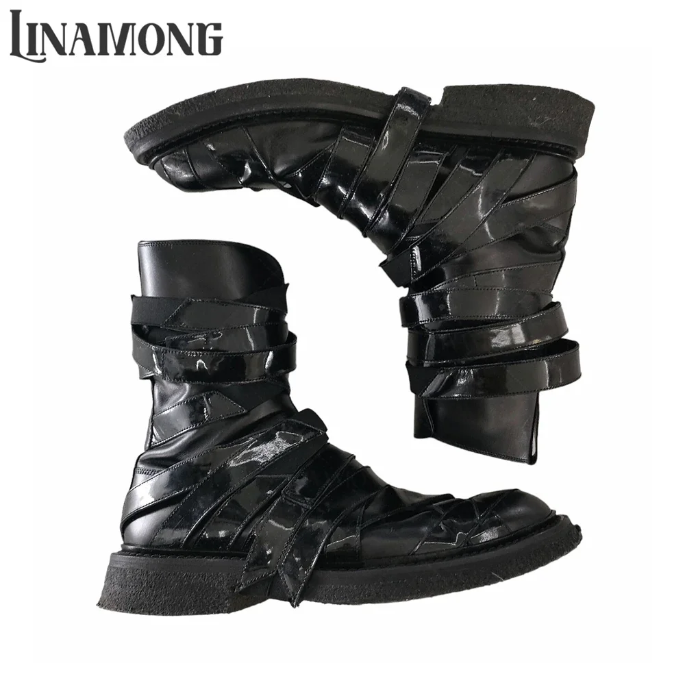 Patent Leather Strapped Boots Designer Style Luxury Handcrafted Boots Multiple Straps Concealed Buckles Genuine Leather Boots