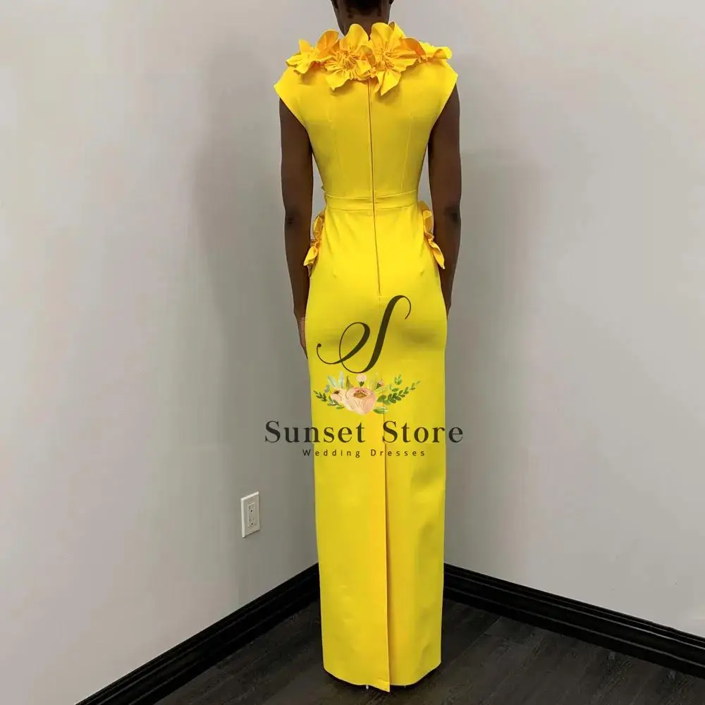 Customized  Yellow Deep V-Neck 3D Flowers Crepe Mermaid Prom dress 2025 Slim Sleeveless Floor-Length Formal Evening Dress