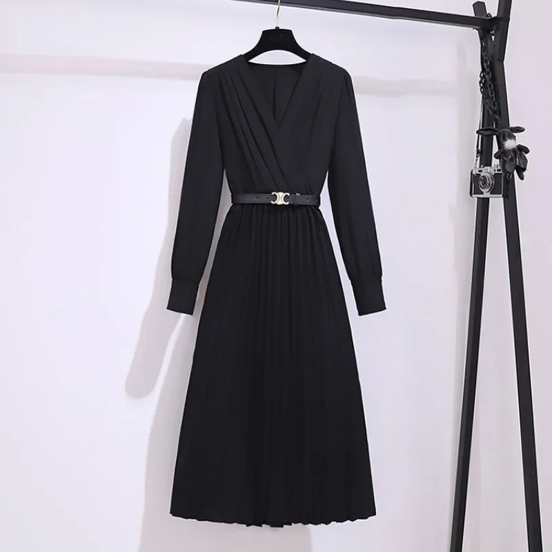 French Commuter Elegant Light Luxury Long-sleeved Black Dress Female Spring Winter Temperament Socialite Waist Full Skirt