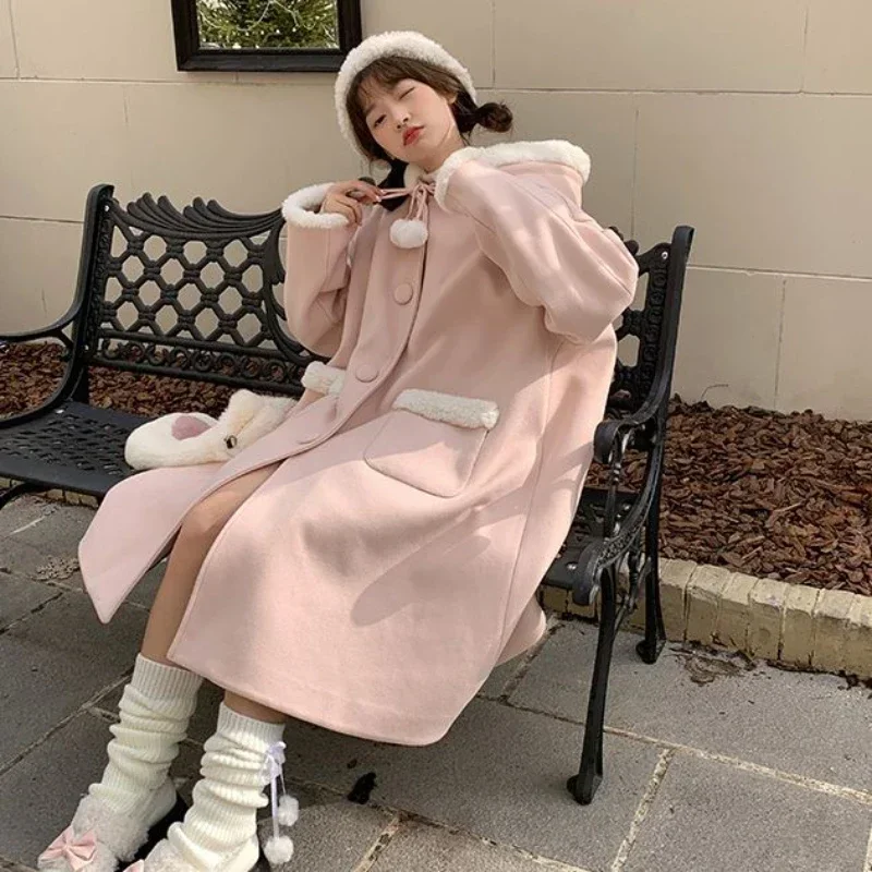 Coalfell Japanese Sweet Girls College Style Woolen Coat 2023 Winter Soft Glutinous Fur Edge Medium Length Woolen Coat Coat Girl