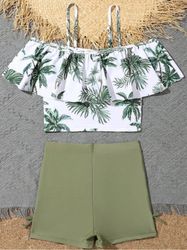 Girls Swimsuit 2024 New Palm Tree Print Ruffle Children Swimwear Summer Kids Beach Wear Shorts Swimming Bathing Suit For Girl