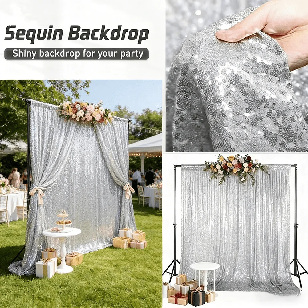 1PC High-End Cold Tone Mirror Silver Color Sequin Background Curtain, Easy Install Pole Bag, Indoor Outdoor Reusable Party Backd view 4