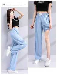 1PCS Women's High Waist Tencel jeans Thin Loose Straight Drop Ice Silk Wide Leg Pants Button