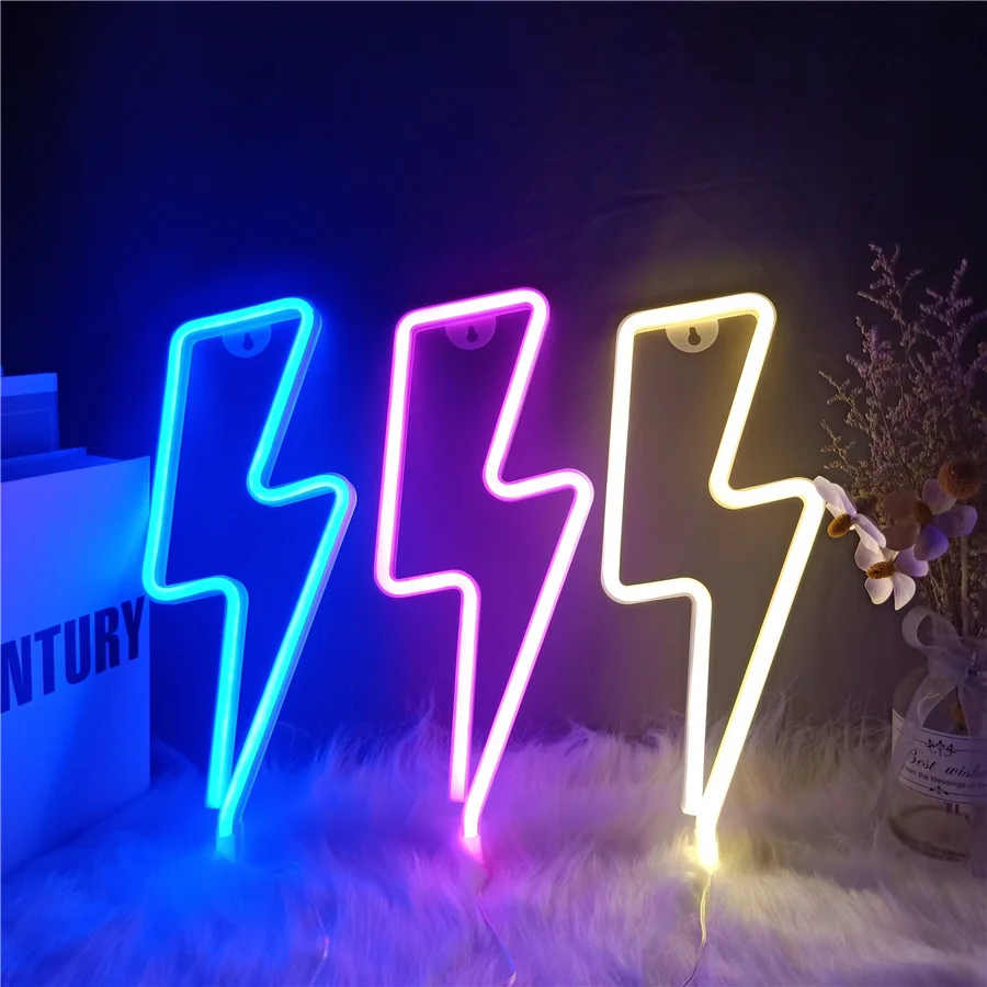 Creative LED Neon Sign Lightning Shaped Wall Light USB/Battery Fairy Night Light for Home Bedroom Party Christmas Decor Kid Gift