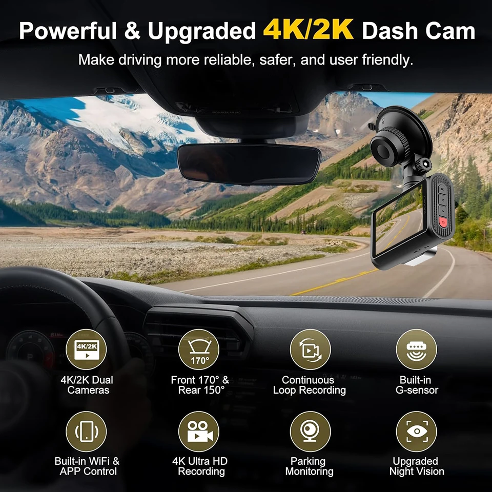 ACCEO Dash Cam 4k Front Lens Car Driving Recorder Built-in WiFi Optional 2K Rear Camera HD Night Vision Support GPS Car DVR