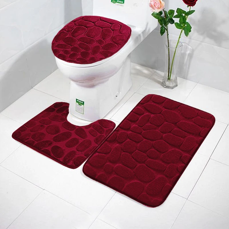 3Pcs/Set Bathroom Bath Mat Set Soft Non Slip Cobblestone Mat Bathroom Rug Absorbent Shower Carpets Toilet Lid Cover Floor