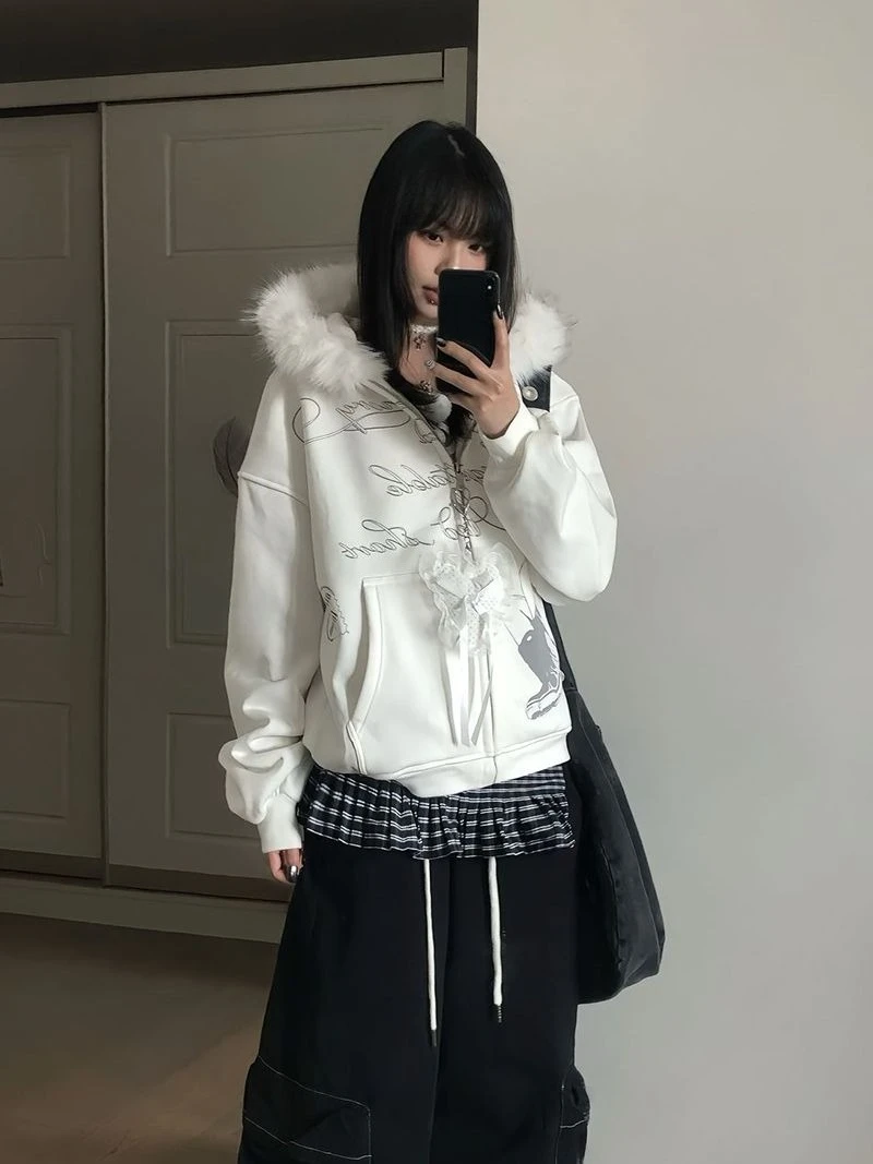 الأمريكية خمر طويلة الأكمام مقنعين فو الفراء المرأة عادية طباعة Kawaii Y2K ريترو الشارع الشهير ثقافة فرعية Harajuku الخريف القمم #3