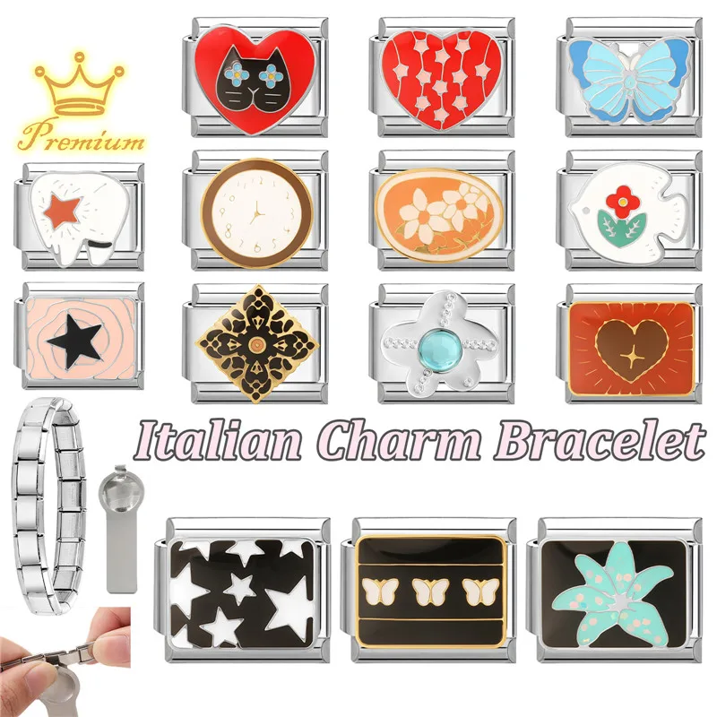 Devil Eyes Flowers Cherry Heart Cross Wolf Italian Charm Links Fit 9mm Stainless Steel Bracelet Women Jewelry DIY Making Gifts
