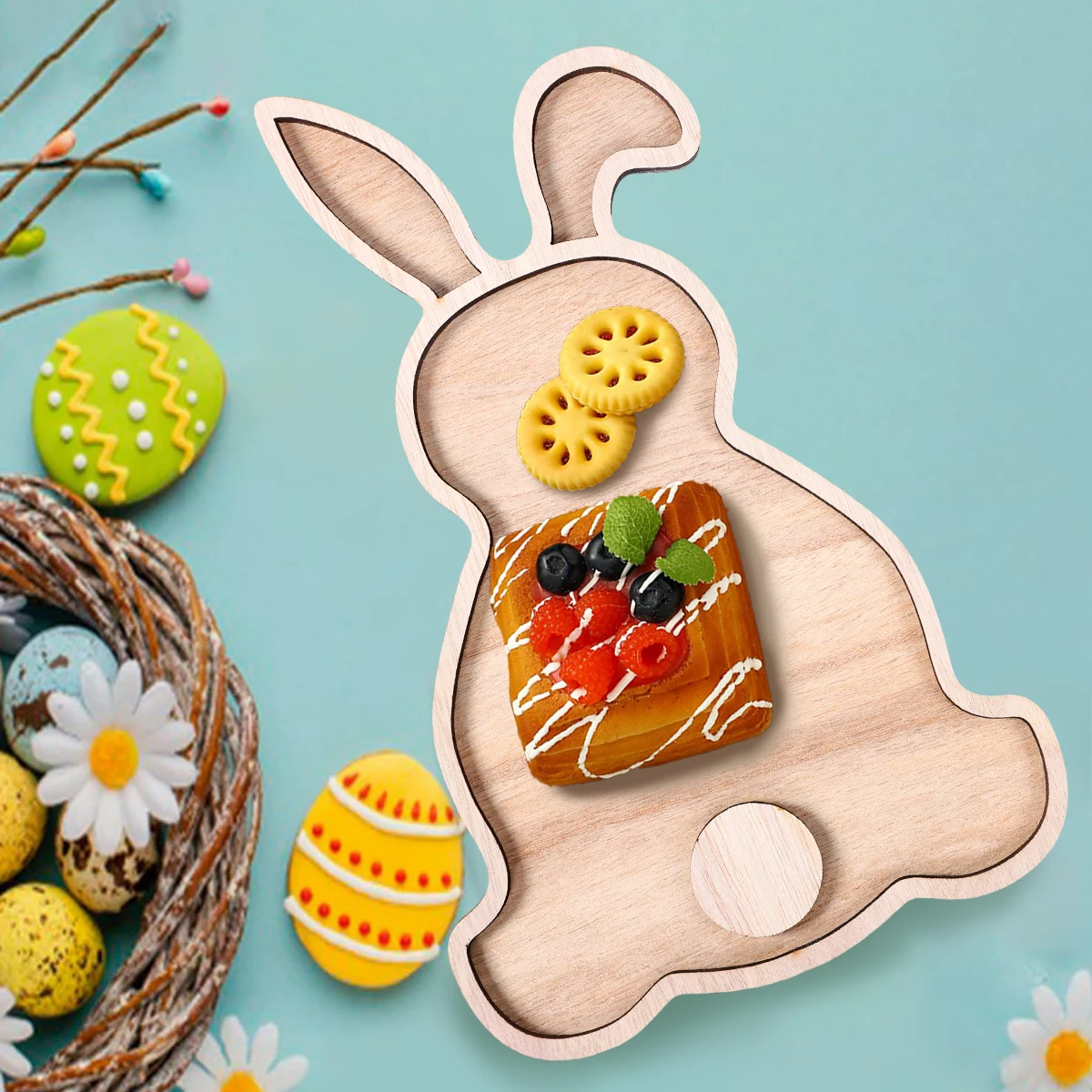 Easter Bunny Egg Wooden Tray Food Plate Fruit Serving Bread Display Wooden Spring Decor Kids Child Cake Decor Easter Supplies