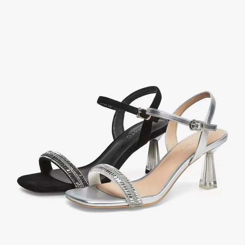 

Summer Black Leather High Heel Sandals Women Shoes 2023 Sexy Buckled Ankle Strap Classic Pumps Lady Fashion Party Heeled Sandals