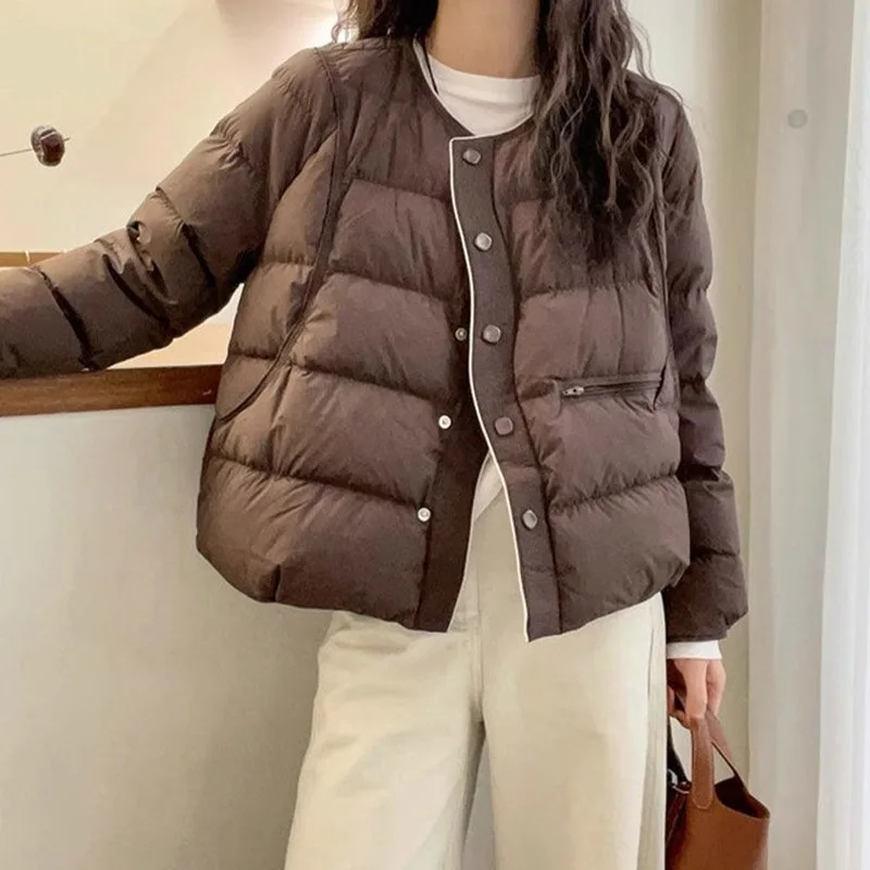 2025年冬 ホワイトダックダウン ダウンジャケット レディース シングルブレスト おしゃれ 欧米風 ルーズ ラウンドネック ブレッドジャケット