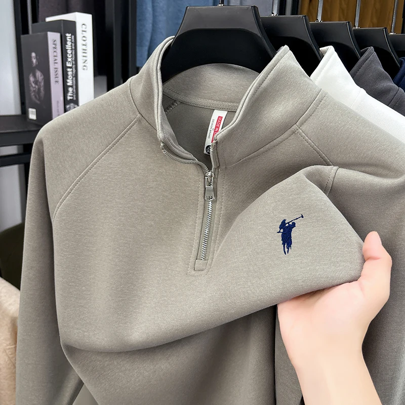 سترة بغطاء للرأس بأكمام طويلة من القطن بنصف سحاب للرجال للخريف/الشتاء؛ قميص داخلي للشباب كاجوال متعدد الاستخدامات ومطرز بطبقة علوية