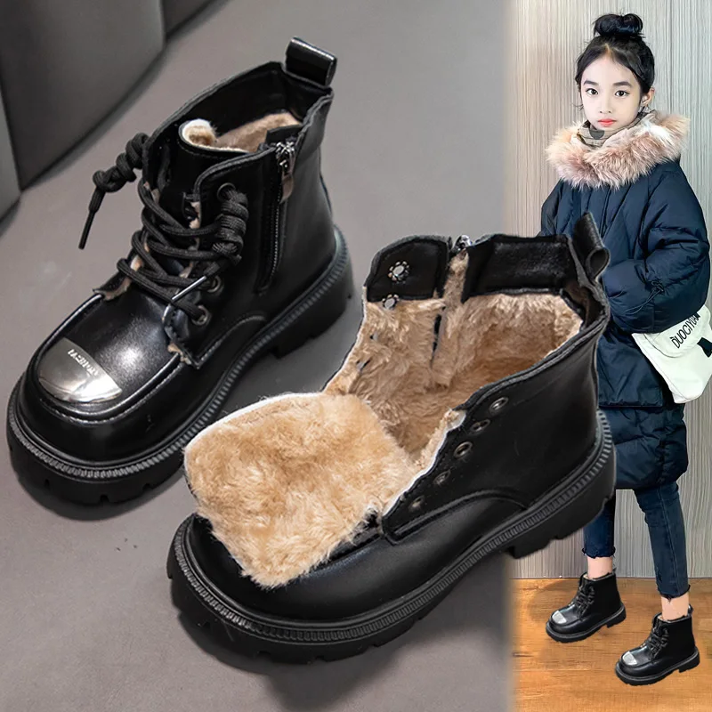 

Детские теплые кожаные ботинки на пушистой подкладке для девочек, новинка 2023 года, зимние детские ботильоны, нескользящие простые шикарные школьные ботинки для верховой езды