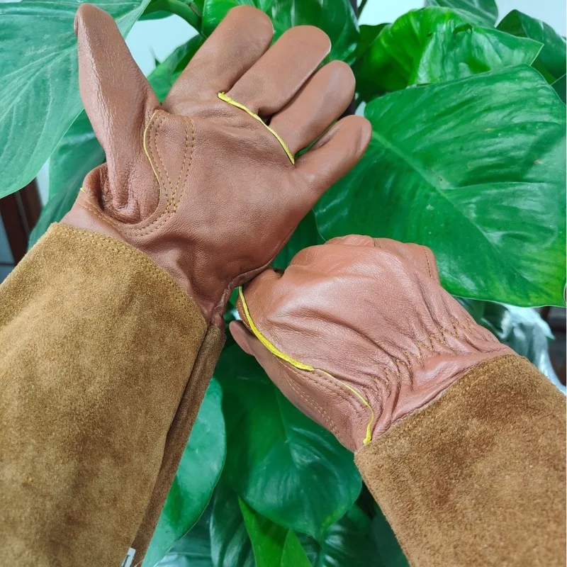 Long Sheepskin Gardening Gloves Thorn Proof Cut Resistant Rose Pruning Welding Work Gloves Heavy Duty Protective Gauntlet
