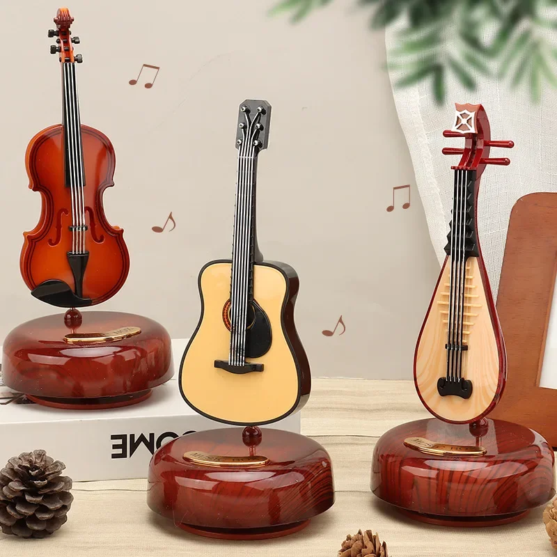 Rotating Music Box Guitar Violin Music Box Birthday Gift Girl Holiday Gift Living Room Creative Decoration Box for A Gift