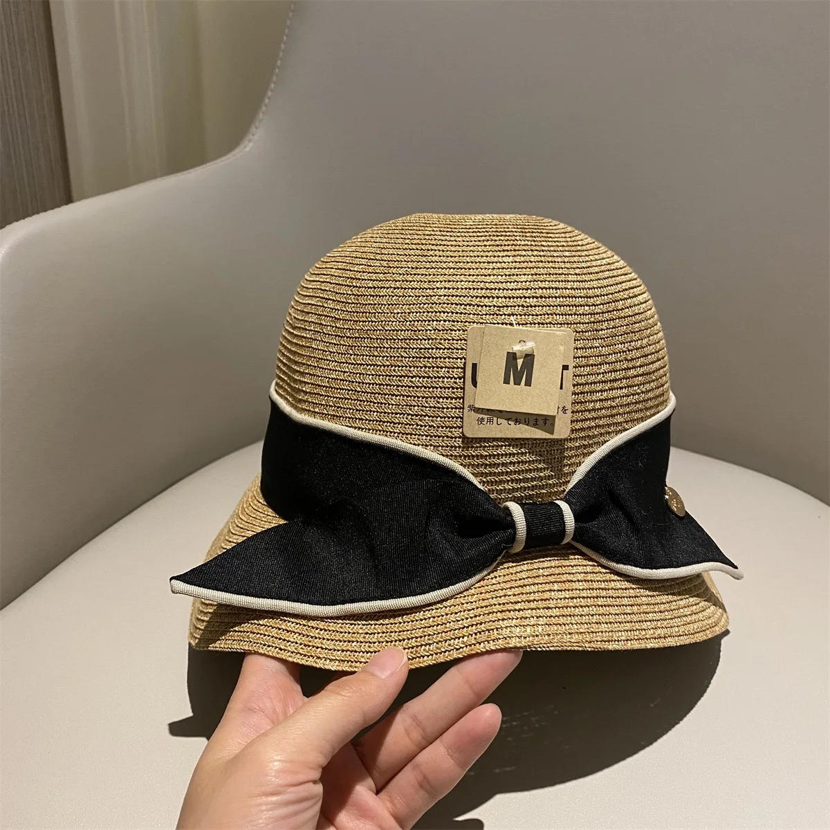 Star Sun Li style bow straw hat Japanese UV fine grass woven sunshade UV protection pot hat summer big brim celebrity sun hat