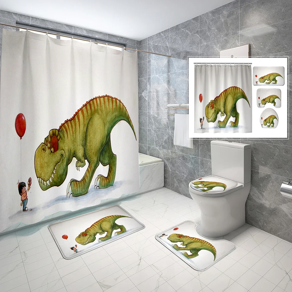 

4 Pcs Cartoon Dinosaurs Shower Curtain Sets with Toilet Lid Cover and Non-slip Bath Mat Minimalism Waterproof Shower Curtain Set