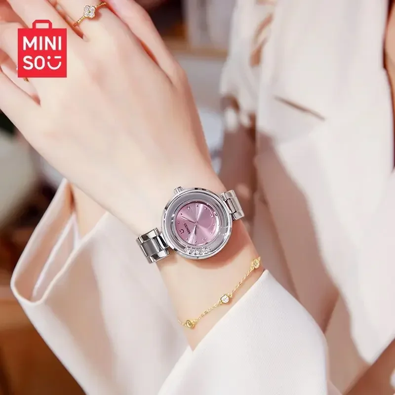 Miniso Original Small Disc Fritillary Diamond Watch Fashion Steel Belt Waterproof Quartz Girl's Watches