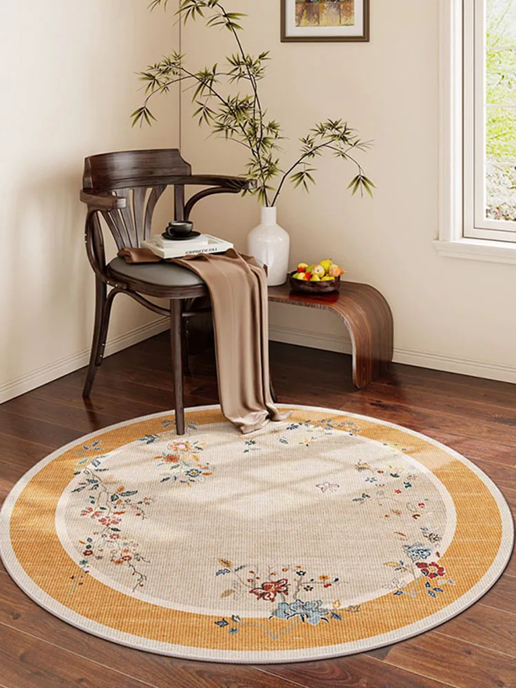 Round Carpet – Large Modern Living Room Rug with Flower & Bird Yellow Design, Kids Room Decor, Sofa Floor Mat