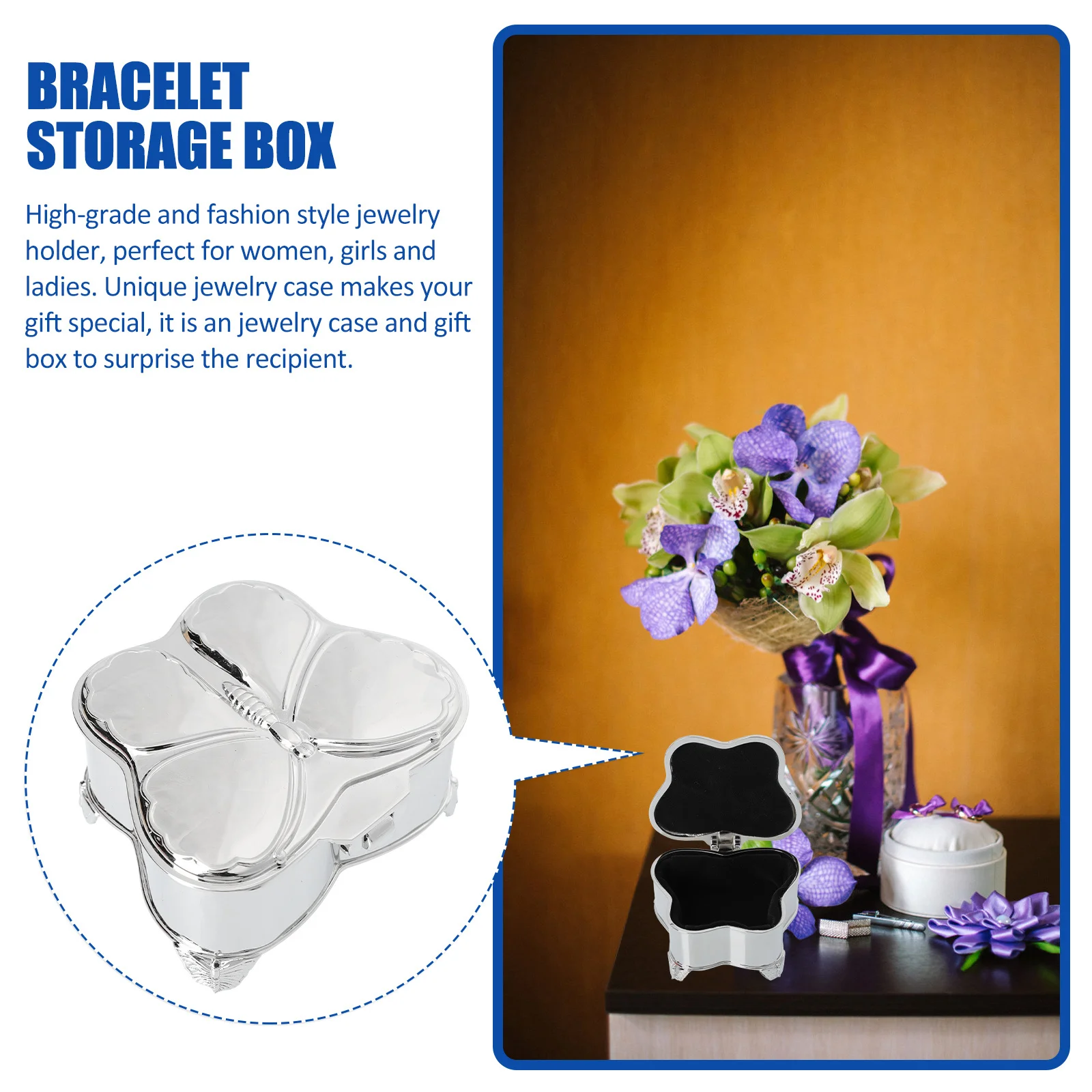 

for Retro Butterfly Jewelry Box Ring Storage Case Accessories Silver Zinc Alloy