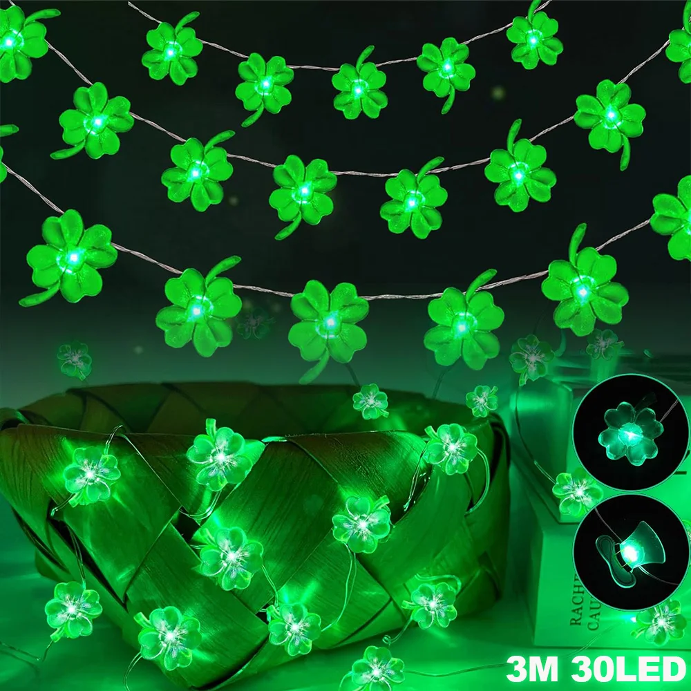 3M LED St Patricks Day Decorations Battery Operated Shamrocks String Lights Lucky Clover Green Fairy Lights DIY Party Ornaments