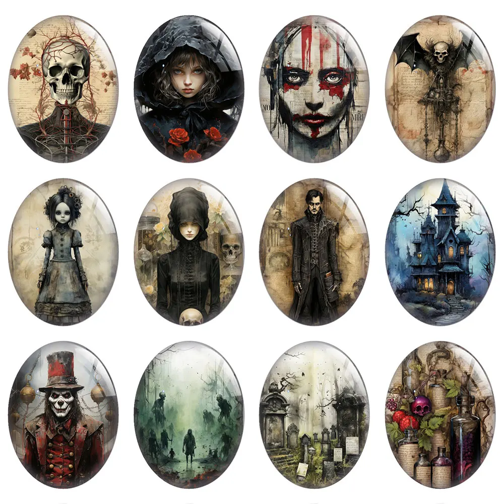 10pcs/lot Halloween Horror Gothic Skull Graveyard Bat Vampires Oval Photo Glass Cabochon Flatback Demo Cameo Diy Jewelry Making