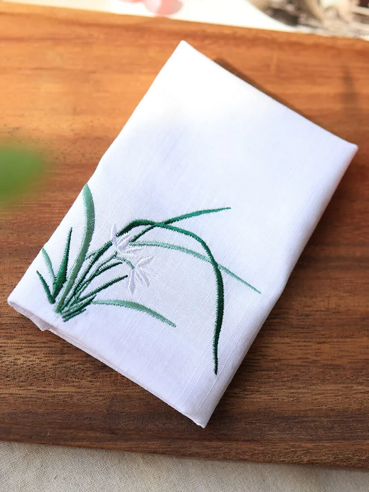 Chinese Style Orchid Embroidery Handkerchief 100% Cashmere Soft Absorbent Square Towel For Women Men Hanfu Accessory Multi Color