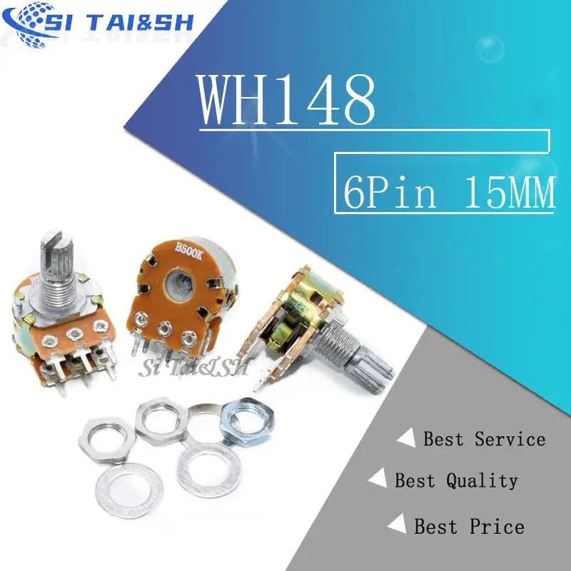 

5pcs B1K B2K B5K B10K B20K B50K B100K B500K B1M 6Pin 15MM Shaft WH148 Potentiometer 1K 2K 5K 10K 20K 50K 100K 500K 1M
