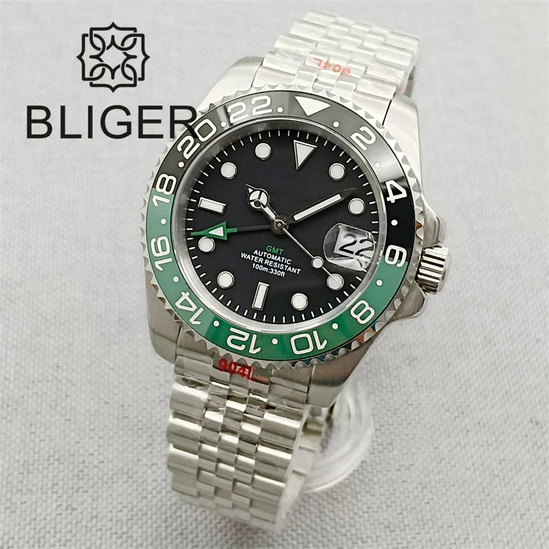 BLIGER New GMT Watch For Men NH34 Movement 40mm Case 120 Clicks Sapphire Glass Black Green Ceramic Bezle Green Luminous  Date