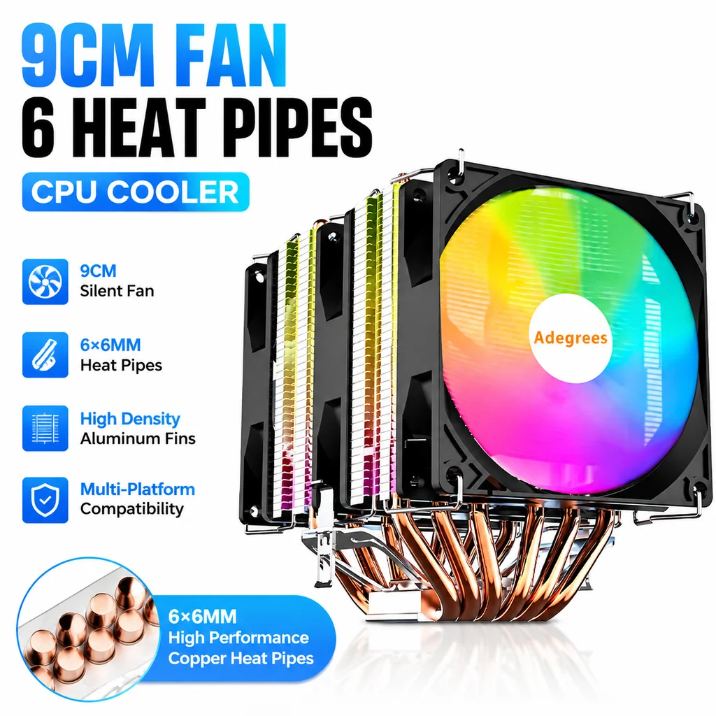 6 Heat Pipes CPU Air Cooler 4PIN PWM Silent Rgb Cooling Fan Ventilador For Intel 1700 1150 1155 1156 1366 AM2/AM3/AM4 AM5