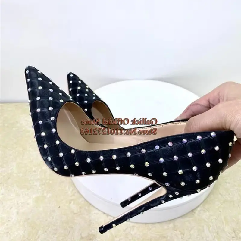 

Modern Rhinestone Embellished Pointed Toe High Heel Pumps Slip On 12cm Green Black Shallow Female Banquet Shoes