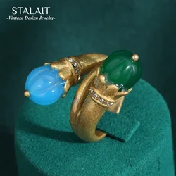 Vintage Artistic Natural Stone Decorative Ring | 18K Gold-Plated & Copper | Irregular Organic Shape Design