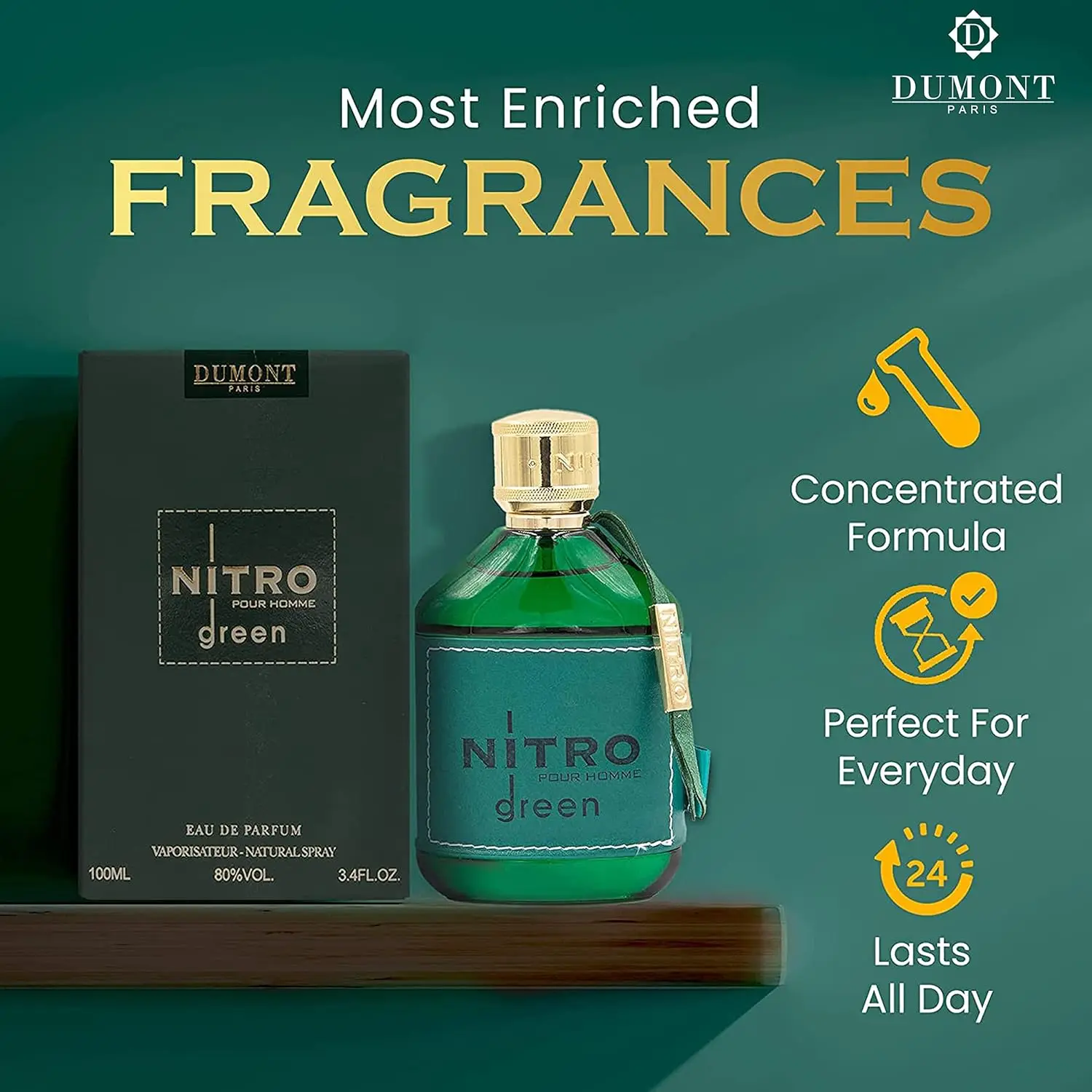 Dumont Nitro Green EDP 3,4 onças / 100 ml – Colônia fresca amadeirada de longa duração, presente de luxo para o Natal, ação de graças