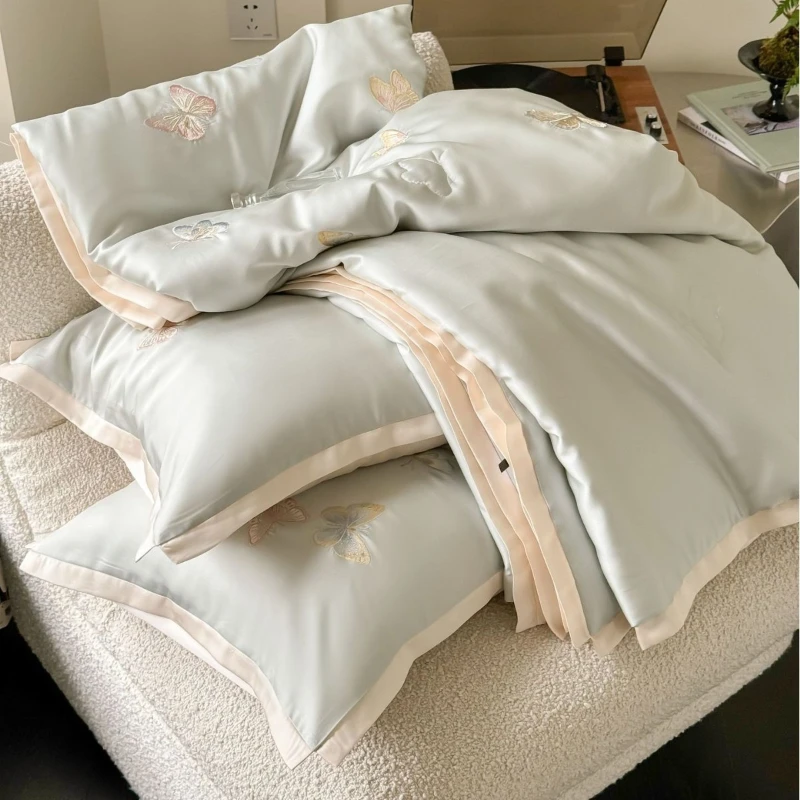 Butterfly Embroidery Tencel Lyocell Quilt 4 Pcs Set Moisture Absorbent Breathable Comfortable Non Deformation Summer Cool Quilt