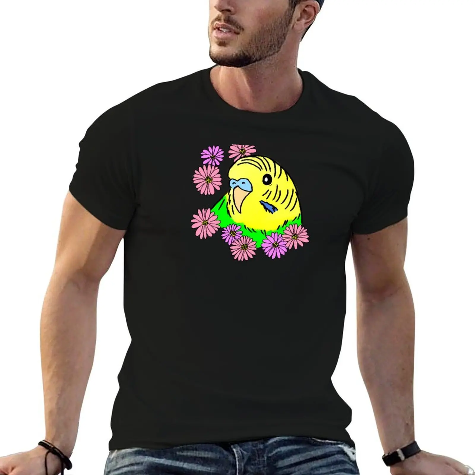 Camiseta con estampado de lindos periquitos verdes/amarillos y flores de margaritas coloridas, camiseta minimalista de cuello redondo lisa