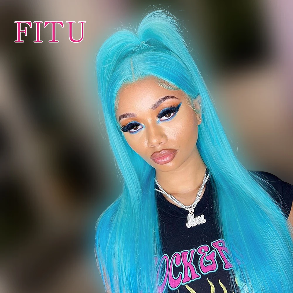 

FITU Blue Transparent 13x6 13x4 Lace Frontal Human Hair Wig 613 Colored Plucked With Baby Hair 5x5 Lace Closure Wig