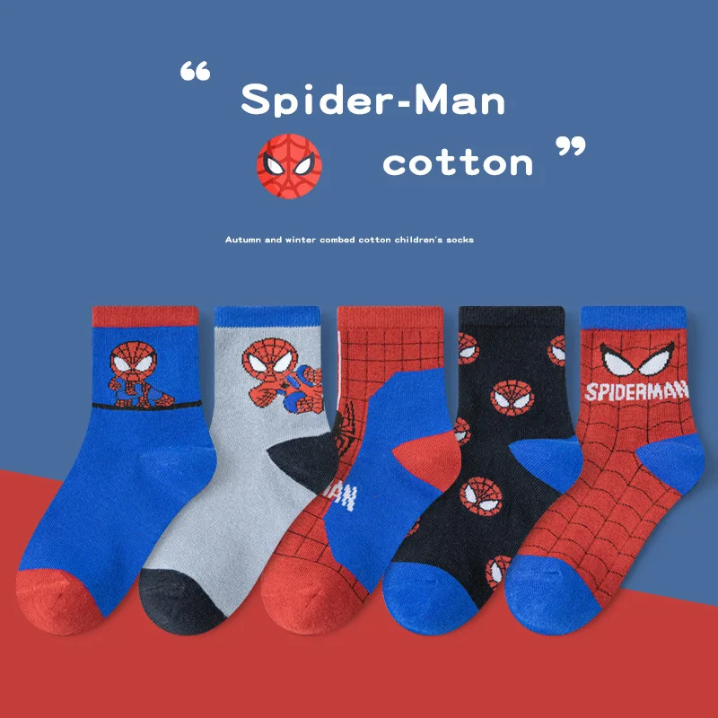 5 Pairs Children Socks Spiderman Anime Kids Boys Tube Socks Cartoon Baby Summer Spring Breathable Casual Soft Mesh Socks 1-12Y