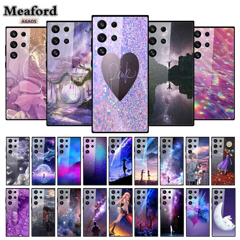 Purple Cover for Samsung Galaxy S24 S23 Ultra Hard Tempered Glass Case Colorful Bumper for Samsung S24+ S23+ S23 FE plus Cover